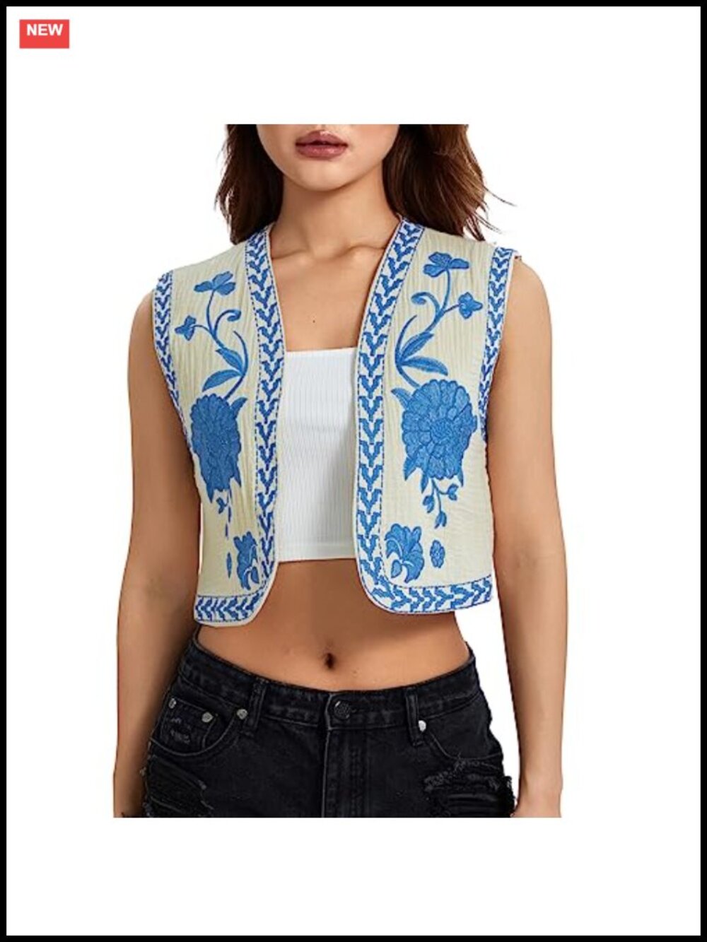 Embroidered Open Front Sleeveless Vest Top Women Boho Floral